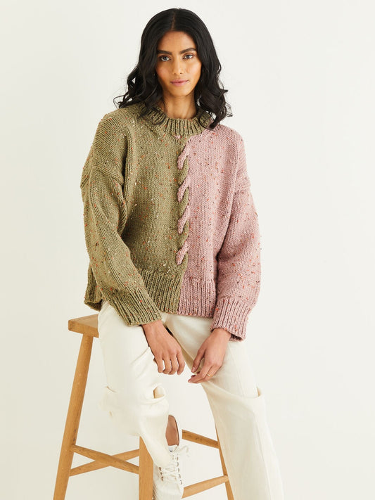 Knitting Pattern 10341 - CLEVER CABLE SWEATER IN HAYFIELD BONUS CHUNKY TWEED