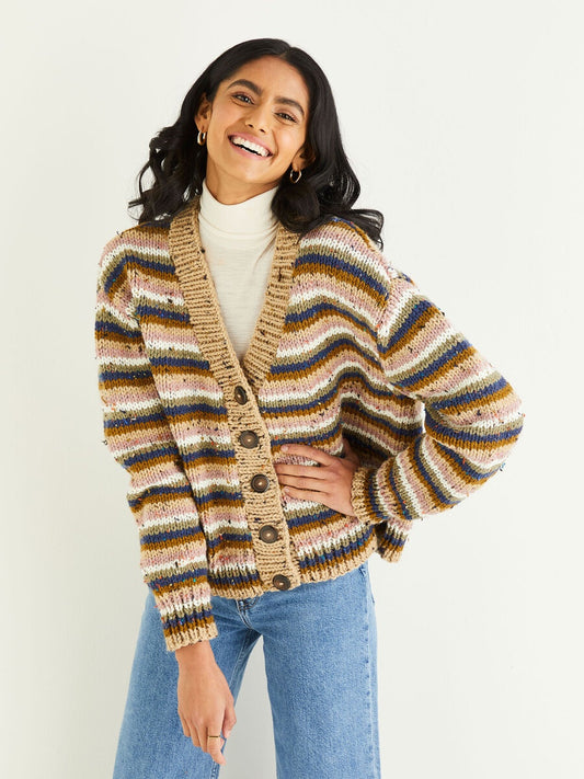 Knitting Pattern 10342 - STRIPED CARDIGAN IN HAYFIELD BONUS CHUNKY TWEED
