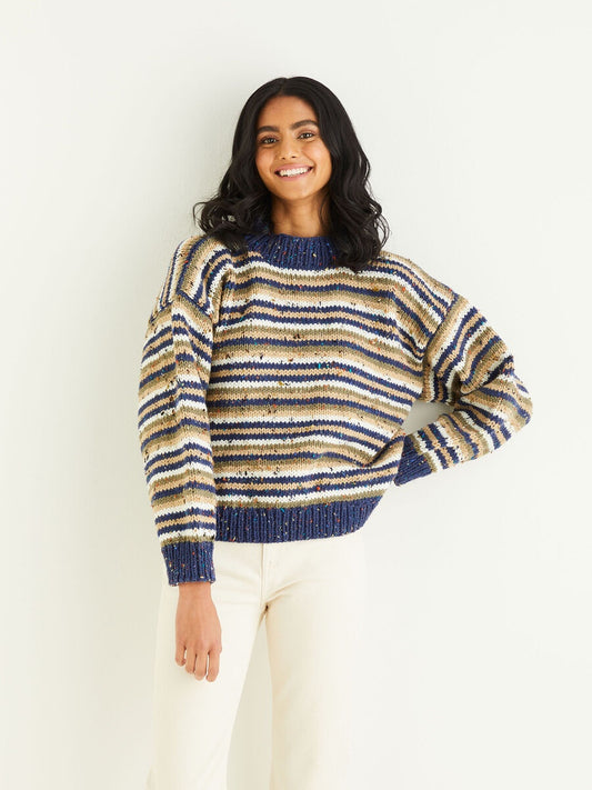 Knitting Pattern 10343 - STRIPED CREW NECK SWEATER IN HAYFIELD BONUS CHUNKY TWEED