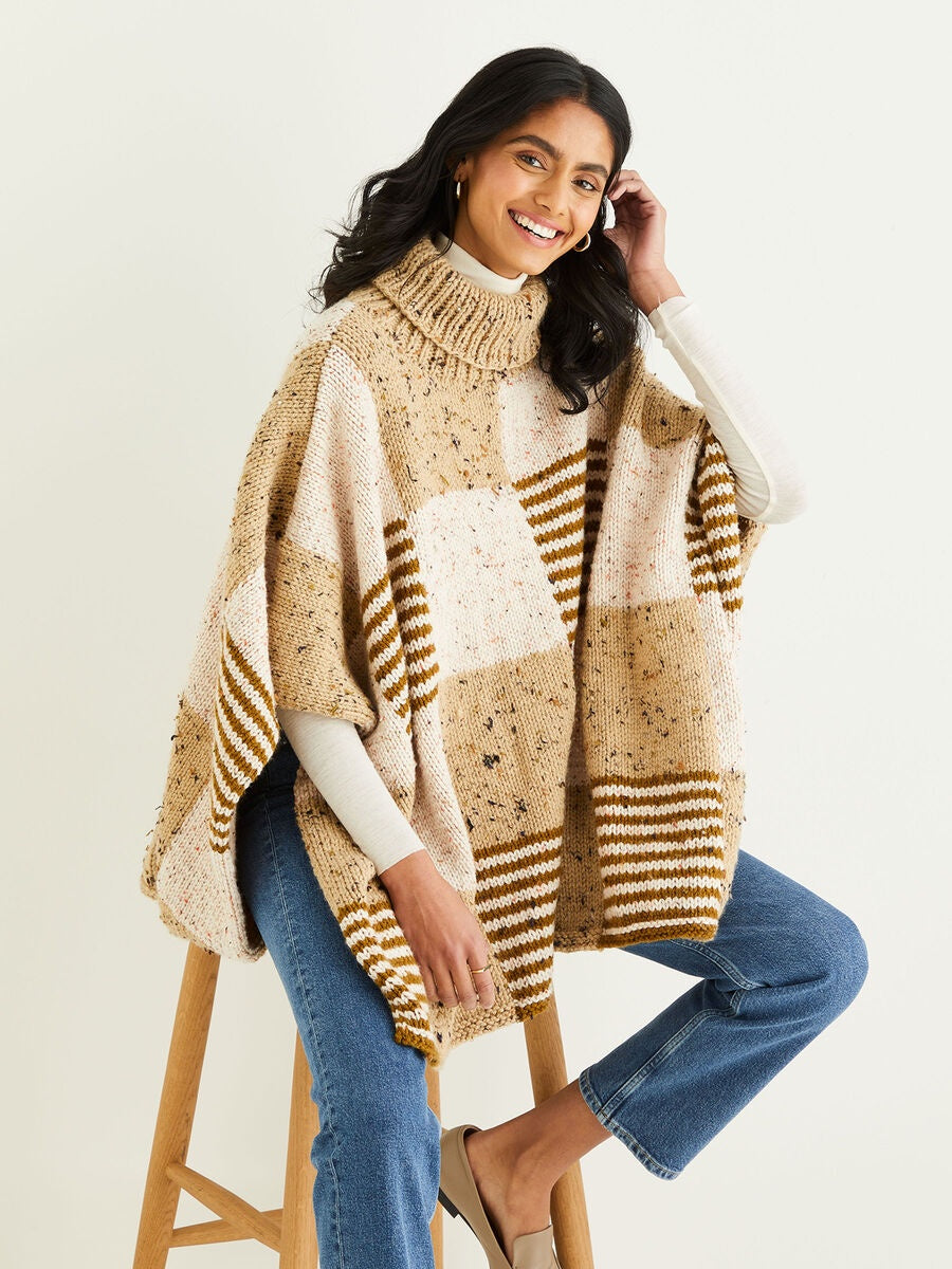 Knitting Pattern 10344 - ROLL NECK CHECK PONCHO IN HAYFIELD BONUS CHUNKY TWEED