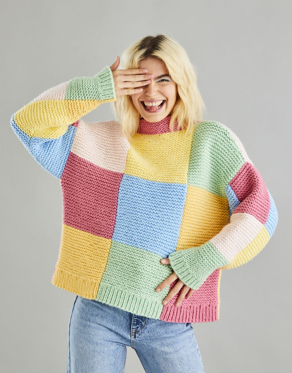 PATCHWORK FUNNEL NECK SWEATER IN HAYFIELD BONUS CHUNKY KIT