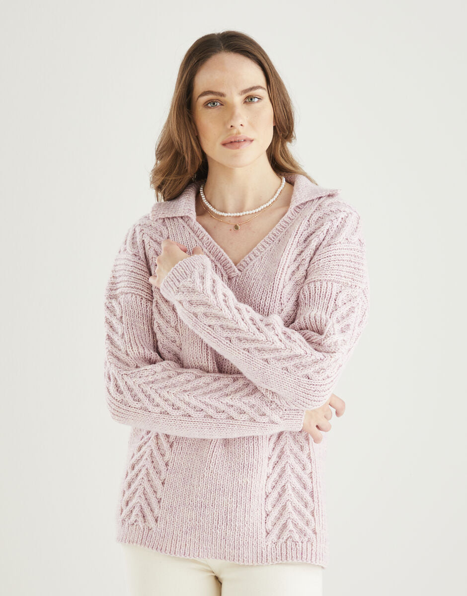 PDF - Knitting Pattern 10612 - V NECK COLLARED SWEATER IN HAYFIELD BONUS ARAN