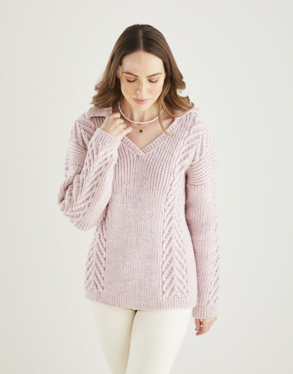 PDF - Knitting Pattern 10612 - V NECK COLLARED SWEATER IN HAYFIELD BONUS ARAN