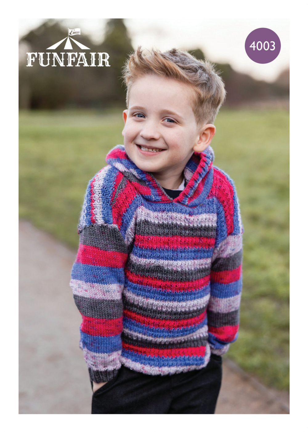 Knitting Pattern 4003 - Child's Hooped Hoodie In Emu Funfair Swirl DK