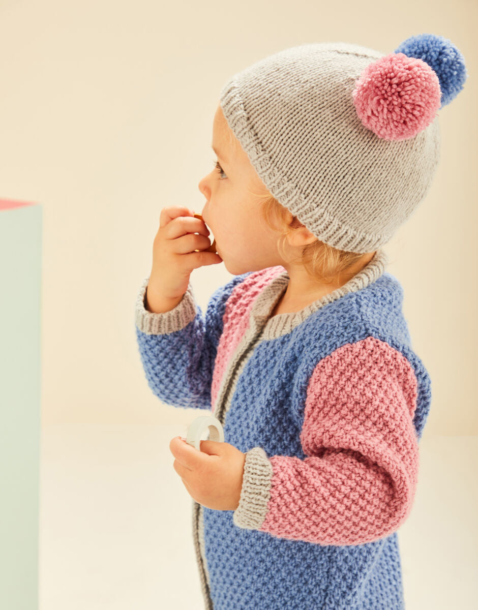 Knitting Pattern 5490 - HALF N HALF ROMPER AND POM POM HAT IN SNUGGLY DK