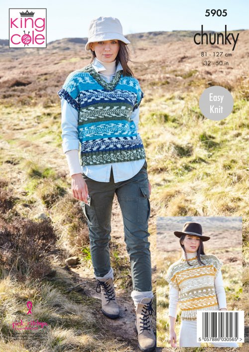 Knitting Pattern 5905 - Ladies Round, V Neck and Turtle Neck Tanks: Knitted in King Cole Nordic Chunky