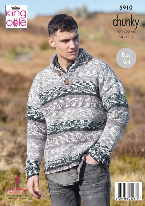 Knitting Pattern 5910 - Mens Round and Stand Up Neck Sweaters: Knitted in King Cole Nordic Chunky