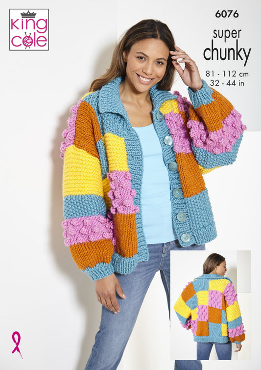 Knitting Pattern 6076 - Cardigan, Sweater, & Hat Knitted in Big Value Super Chunky