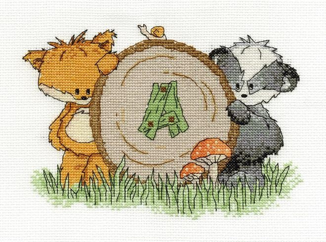 COUNTED CROSS STITCH KIT - WOODLAND FOLK - INITIAL SAMPLER