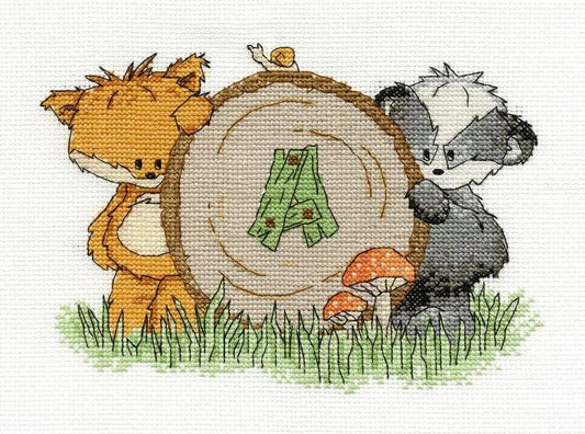 COUNTED CROSS STITCH KIT - WOODLAND FOLK - INITIAL SAMPLER