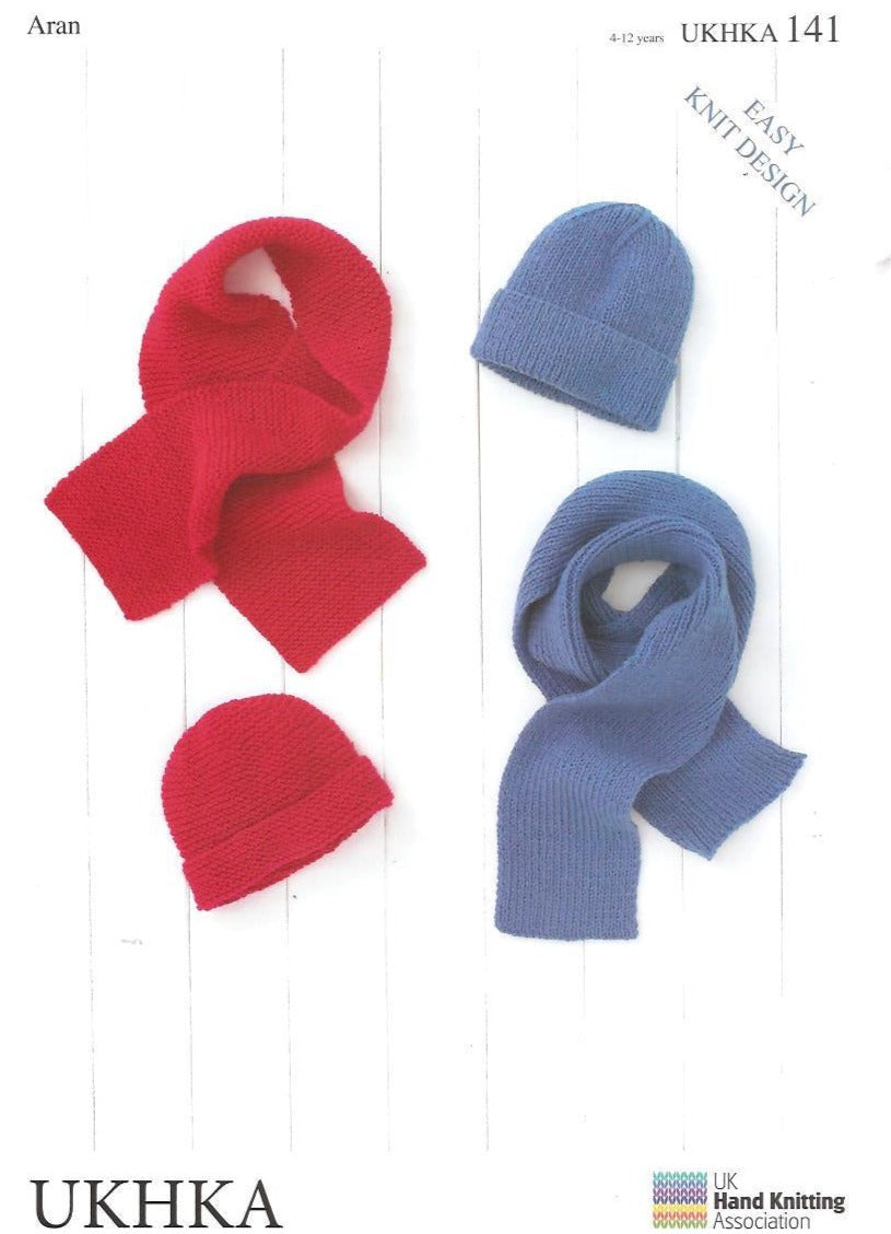 KNITTING PATTERN -UKHKA/141 - ARAN - Hat & Scarf 4-12 Years - EASY KNIT