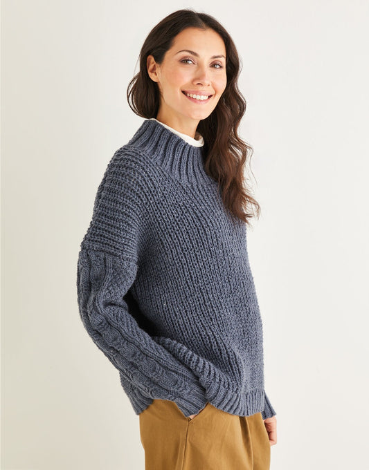 Knitting Pattern 10225 - FISHERMAN'S RIB AND CABLE SWEATER IN HAYFIELD BONUS ARAN WITH WOOL