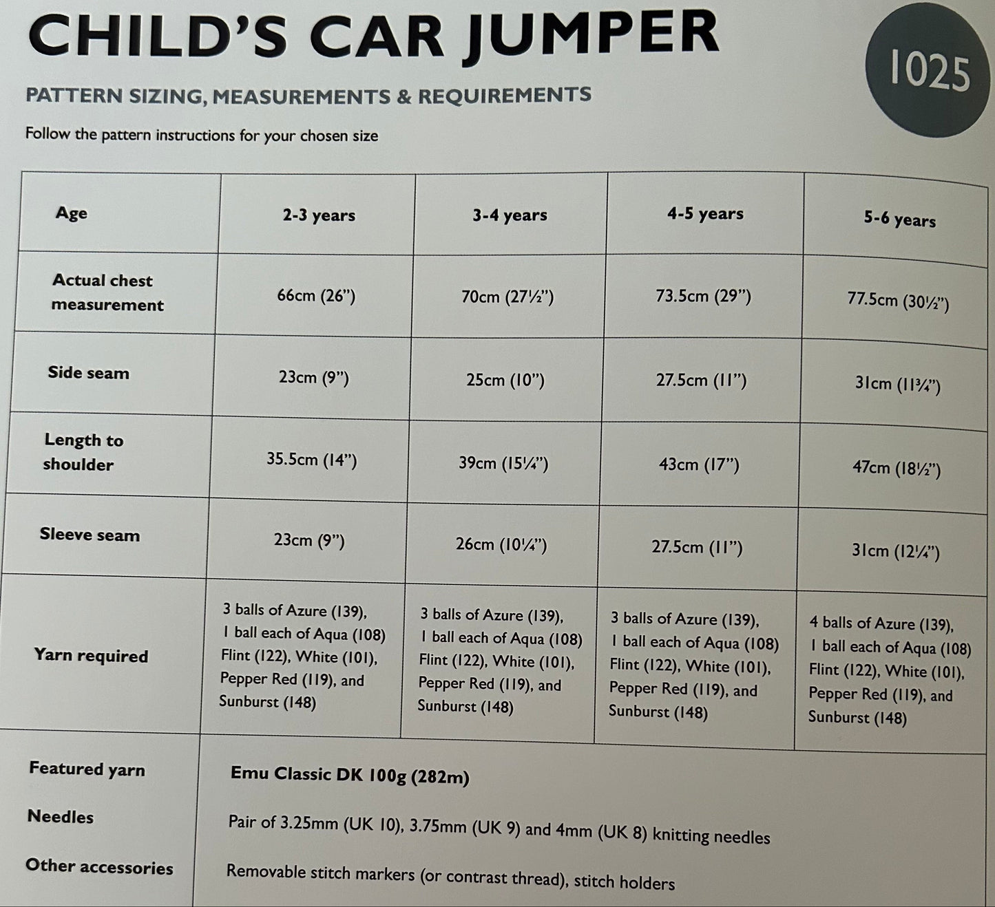Knitting Pattern 1025 - Child's Car Jumper In Emu Classic DK