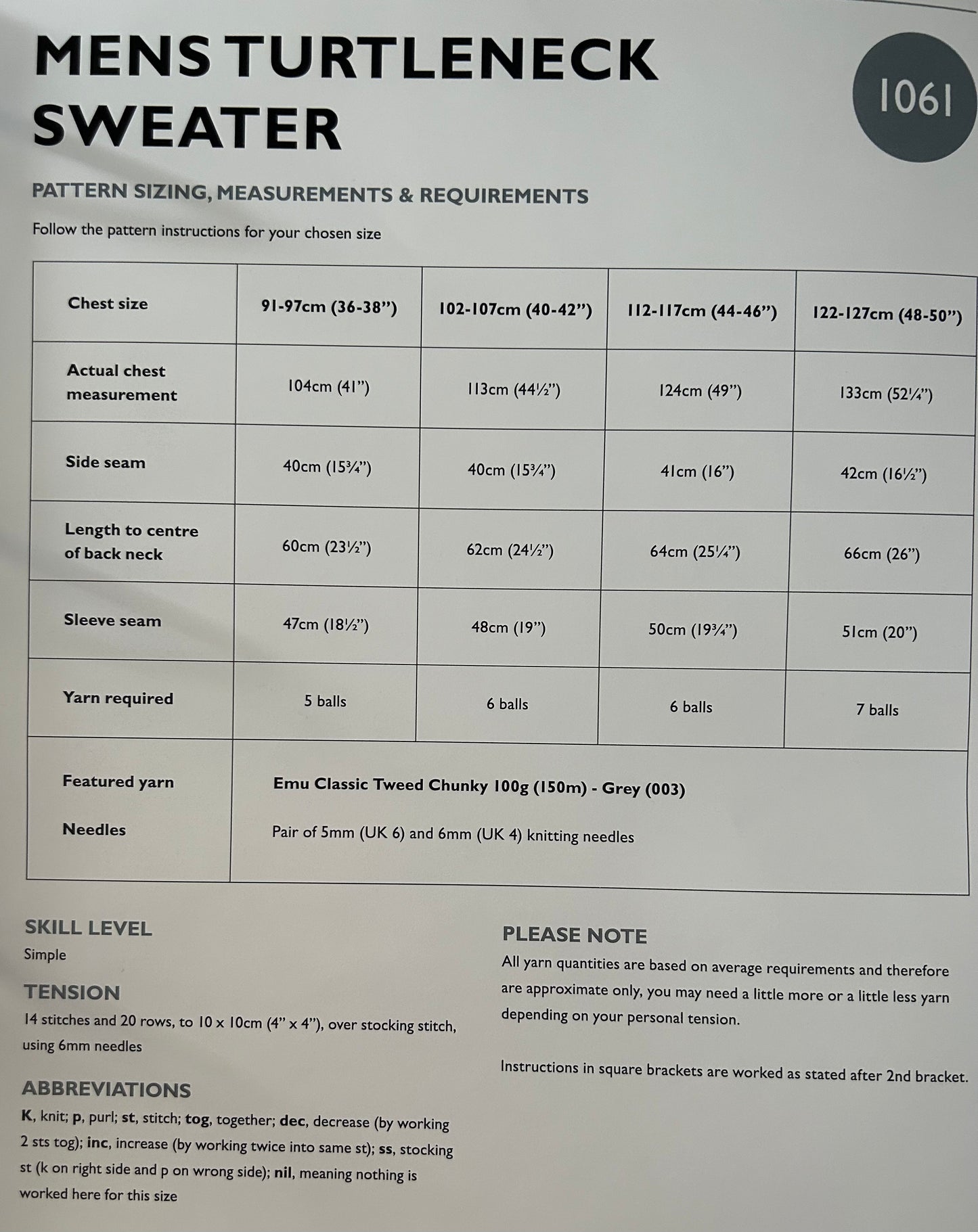 Knitting Pattern 1061 - Mens Turtleneck Sweater in Chunky