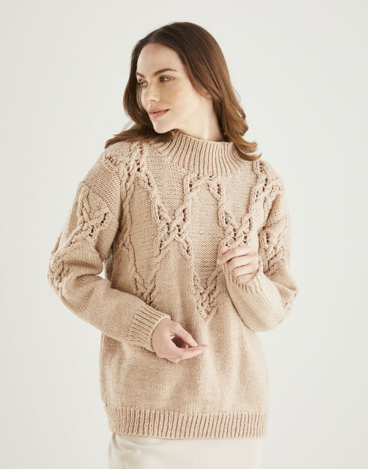 Knitting Pattern 10610 - EYELET LACE SWEATER IN HAYFIELD BONUS ARAN