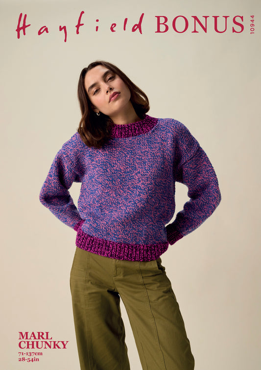 Knitting Pattern 10944 - Ripple Round Neck Sweater in Bonus Marl Chunky