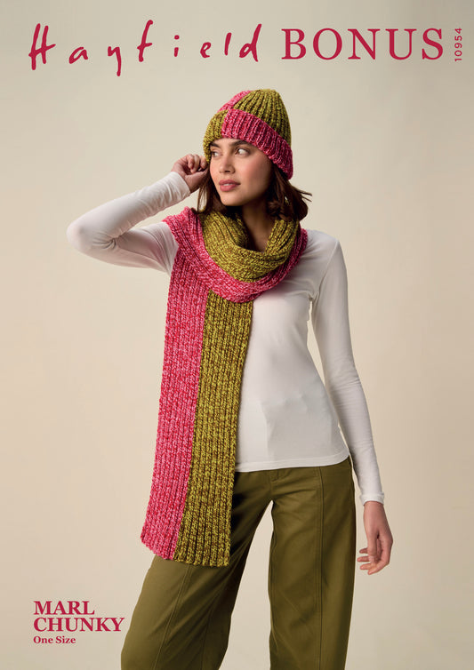 Knitting Pattern 10954 - Doubles Hat & Scarf Set in Bonus Marl Chunky