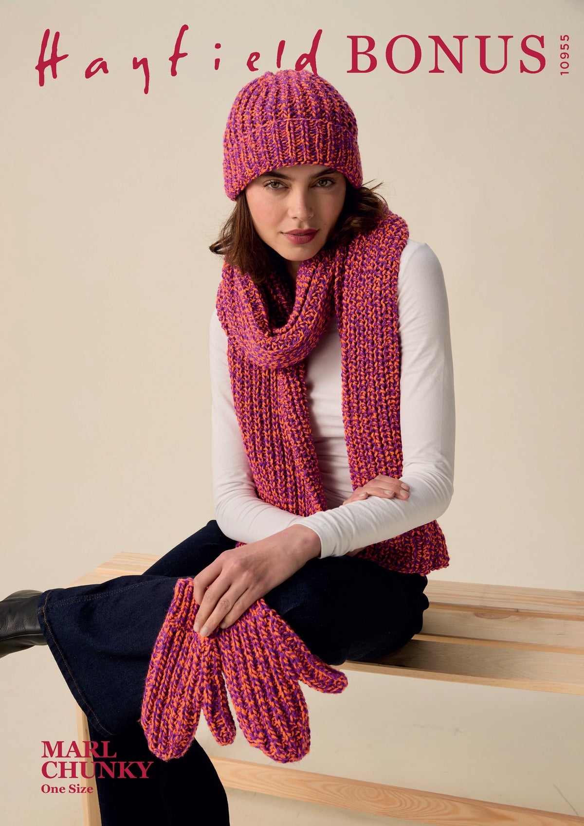 Knitting Pattern 10955 - Together Hat, Scarf, & Mitts in Bonus Marl Chunky