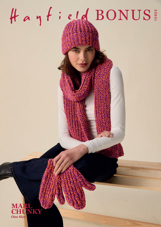 Knitting Pattern 10955 - Together Hat, Scarf, & Mitts in Bonus Marl Chunky