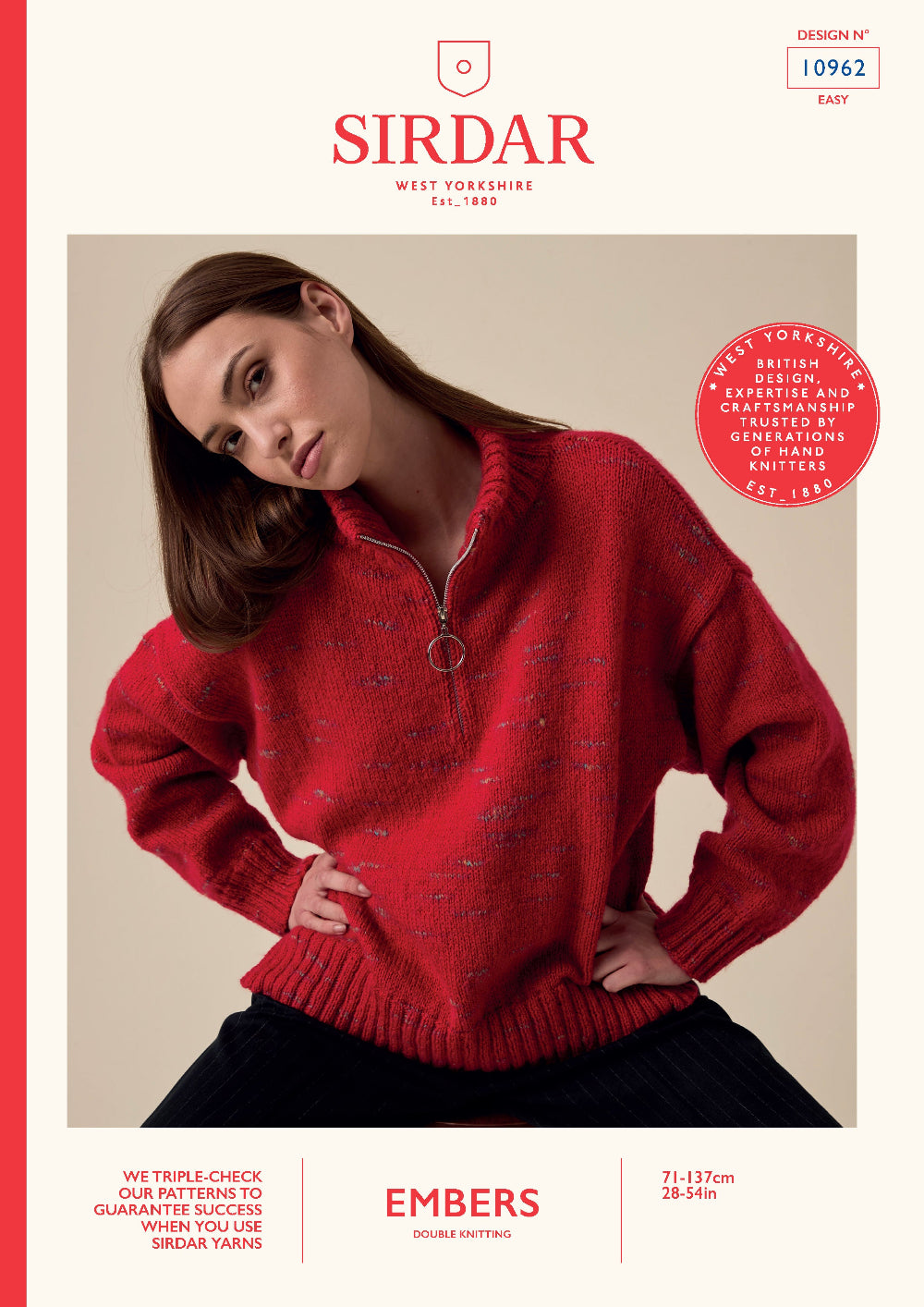 Sirdar West Yorkshire knitting pattern cover for 'Embers' double knitting, showing a woman wearing a red half-zip sweater with subtle blue and yellow flecks. The cover features the Sirdar brand logo, design number 10962, and product details on a cream background with red accents.