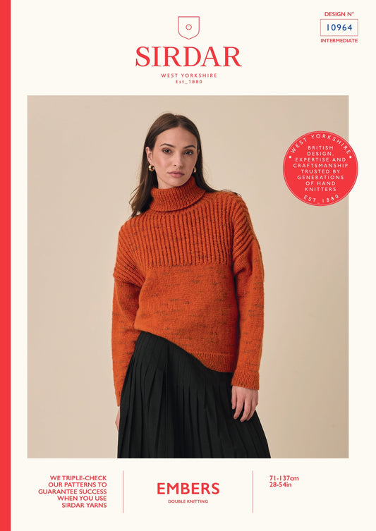 Knitting Pattern 10964 - Comet Roll Neck Sweater in Embers DK