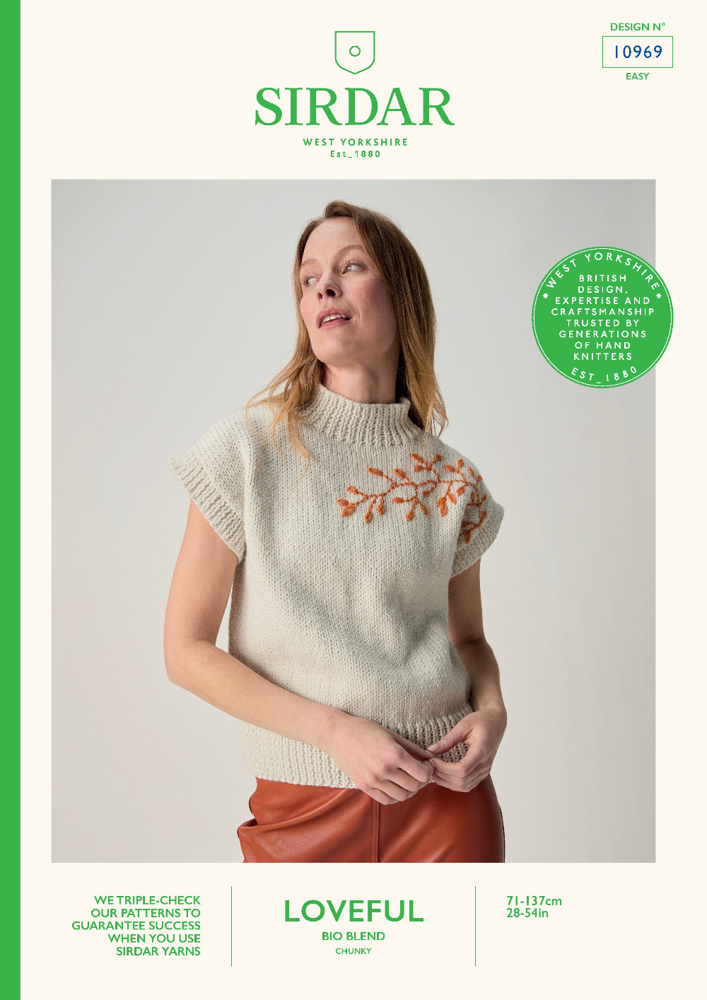 Sirdar knitting pattern cover for 'Loveful' in the Bio Blend yarn range. The cover features a model wearing a cream-colored mock-neck knit sweater with orange embroidered leaf details on the chest, paired with rust-colored trousers.