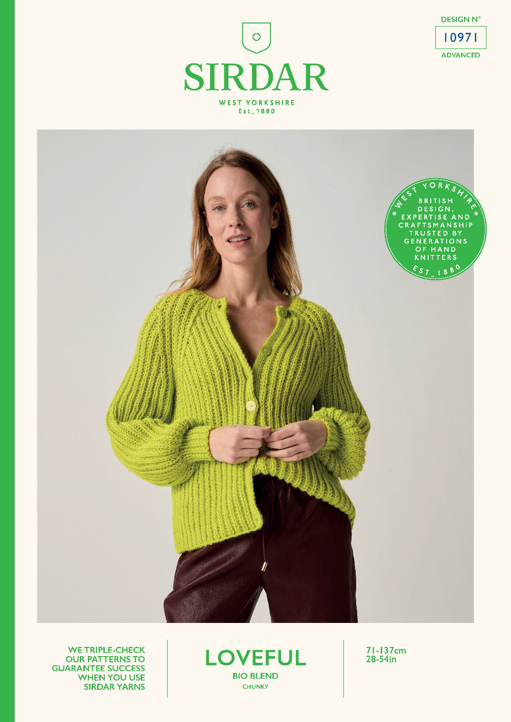 Sirdar Loveful knitting pattern cover featuring a woman wearing a chunky knit lime green cardigan. The cover has a cream background with green text and borders, including the Sirdar brand name, design number 10971, and product details for the bio blend yarn.