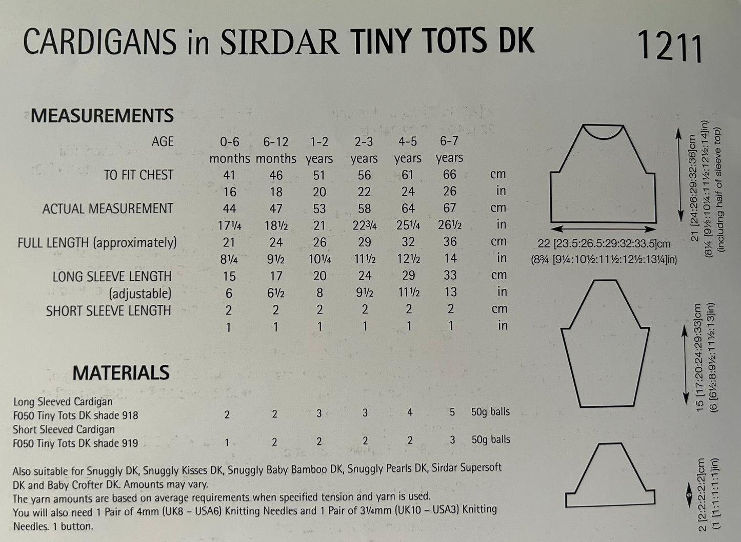 Knitting Pattern 1211  - Bolero Style Cardigans in Tiny Tots DK