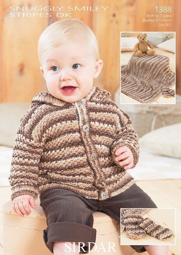 Knitting Pattern 1388 - Hooded Jacket, Mitts & Blanket in Snuggly Smiley Stripes DK