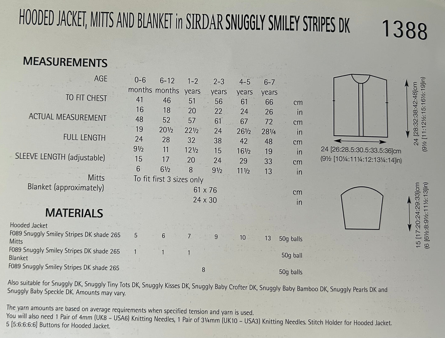 Knitting Pattern 1388 - Hooded Jacket, Mitts & Blanket in Snuggly Smiley Stripes DK