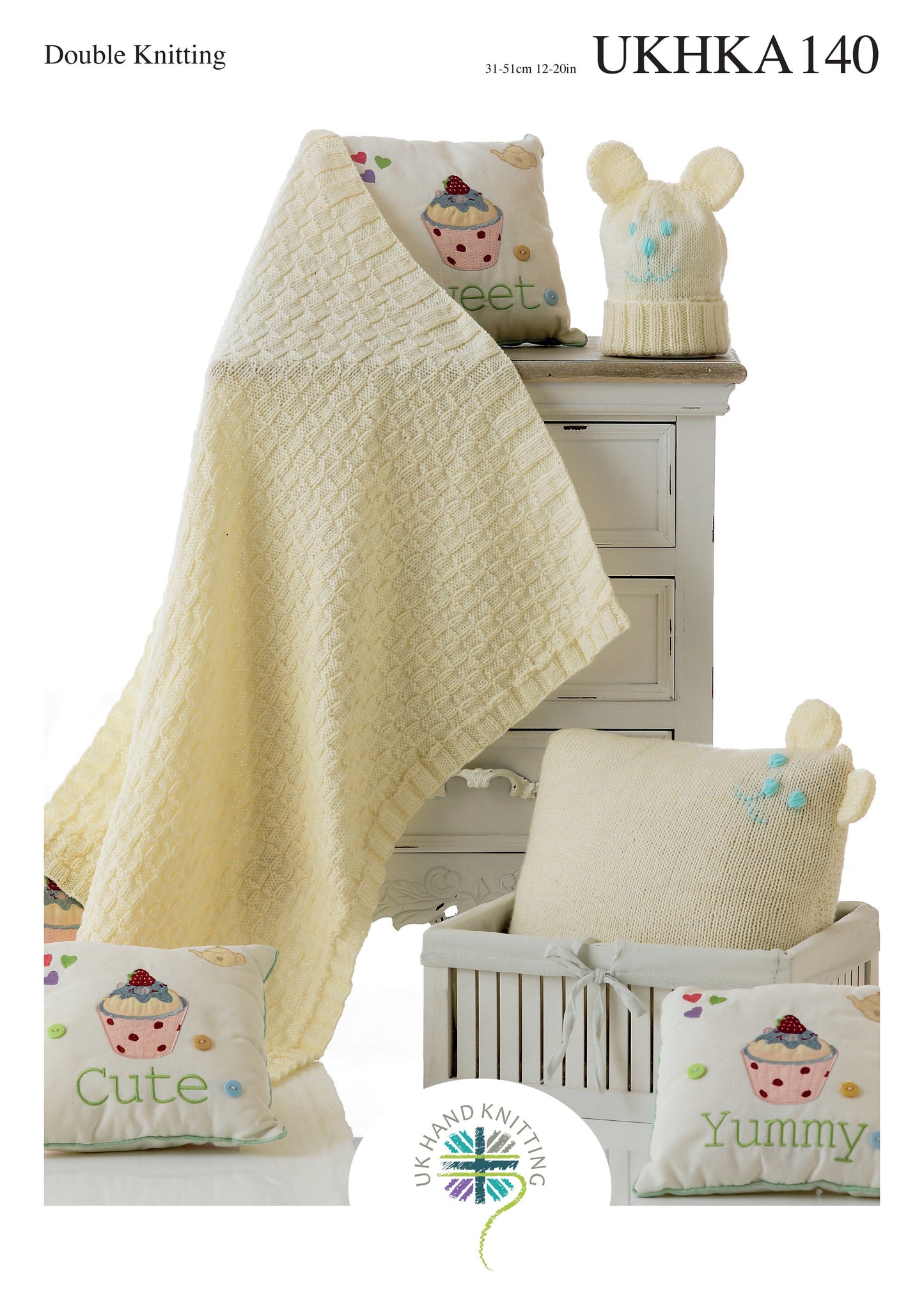 Knitting Pattern UKHKA/140 - Blanket, Cushion, & Hat in Double Knit