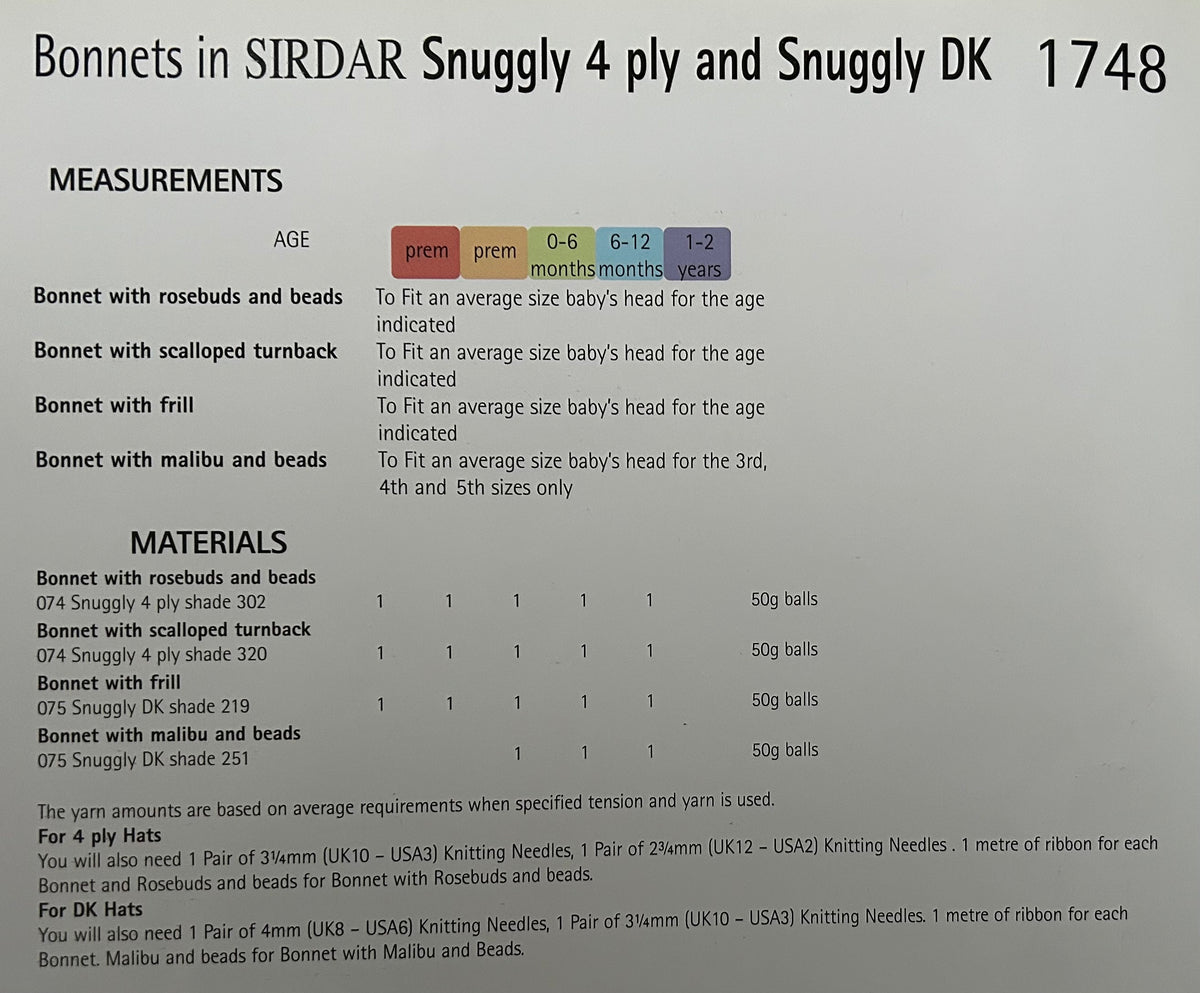 Knitting Pattern 1748 - Baby Bonnets in Snuggly DK & Snuggly 4 Ply