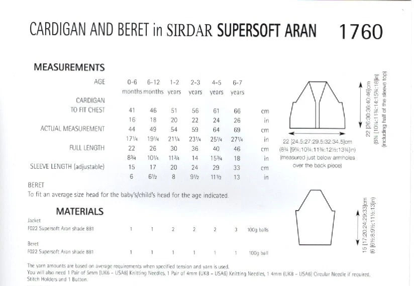 Knitting Pattern 1760 - Cardigan & Beret in Supersoft Aran