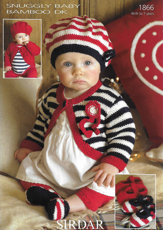 Knitting Pattern 1866 - Cardigan, Beret, & Shoes in Baby Bamboo DK
