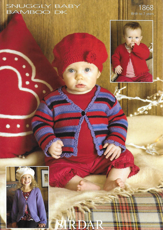 Knitting Pattern 1868 - Baby Girls Striped & Plain Cardigans & Beret in Snuggly Baby Bamboo DK