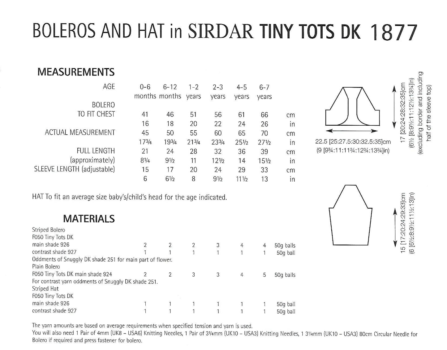 Knitting Pattern 1877 - Boleros & Hat in Tiny Tots DK