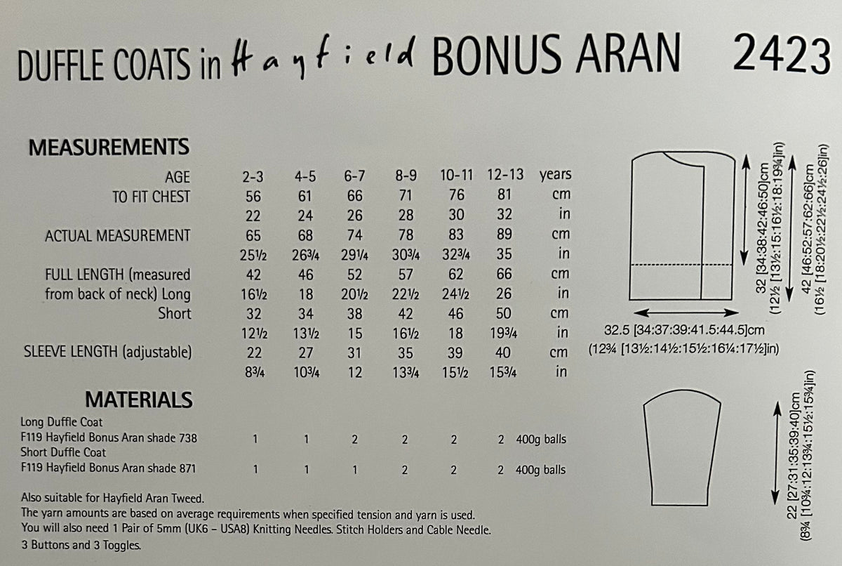 Knitting Pattern 2423 - Duffle Coats in Bonus Aran