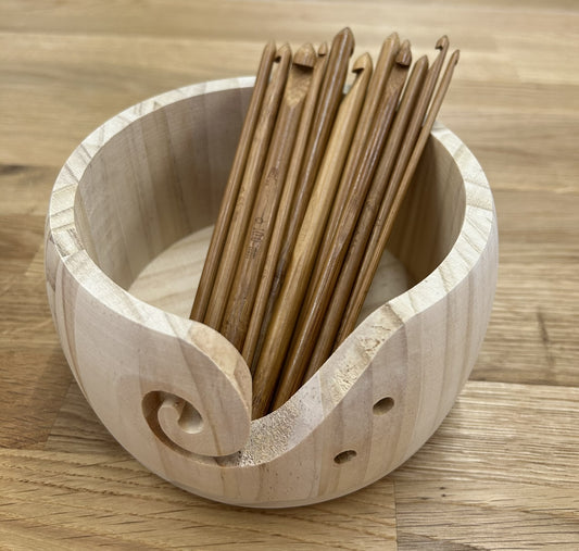 Wooden Yarn Bowl with 12 Wooden Crochet Hooks