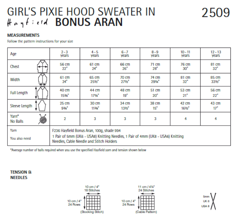 Knitting Pattern 2509 - Girl's Pixie Hood Sweater in Bonus Aran