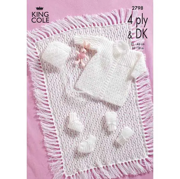 Knitting Pattern 2798 - Matinee Coat, Bonnet, Bootees and Mitts Knitted in any King Cole DK and 4Ply