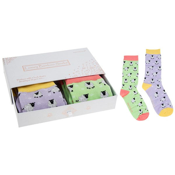 Luxury Bamboo Socks Gift Set - 2 Pairs - Cute Sheep -  Ladies _ One Size