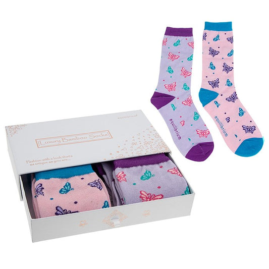 Luxury Bamboo Socks Gift Set - 2 Pairs - Pretty Butterfly - Ladies - One Size