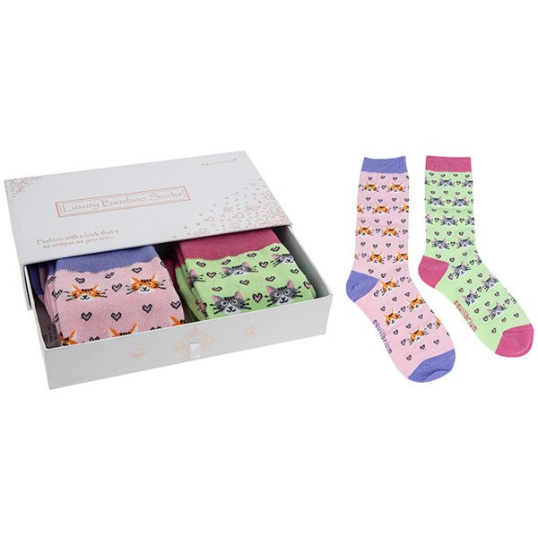 Luxury Bamboo Socks Gift Set - 2 Pairs - Crazy Kitty - Ladies - One Size