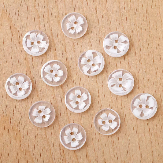 2 Hole Button - 14mm - Clear/White - Five Petal Flower