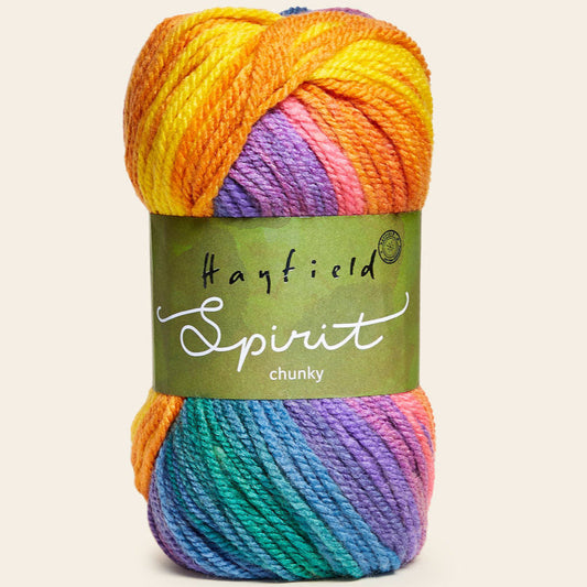 Colorful skein of yarn with 'Hayfield Spirit' label on a light background