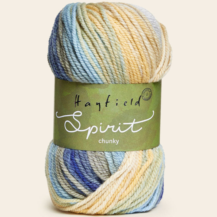 Ball of yarn with 'Hayfield Spirit' label on a light background