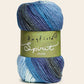 Blue and green yarn ball with 'Hayfield Spirit' label on a light background