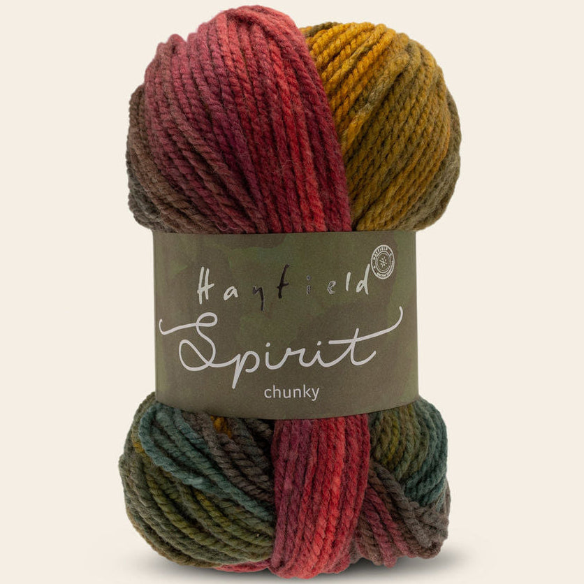 Multicolored skein of yarn with a label on a beige background