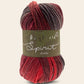 Red and brown skein of yarn with 'Havfields Spirit' label on a beige background