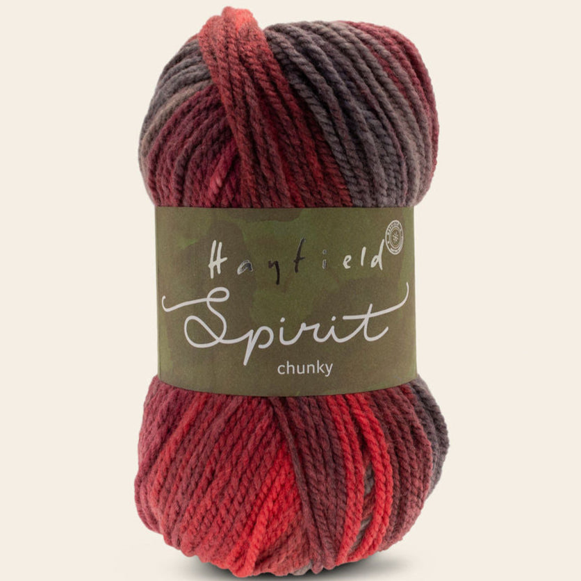 Red and brown skein of yarn with 'Havfields Spirit' label on a beige background
